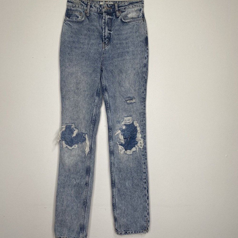 We The Free People SZ 26 Denim Patchwork High Waist Straight Jeans Side Slit